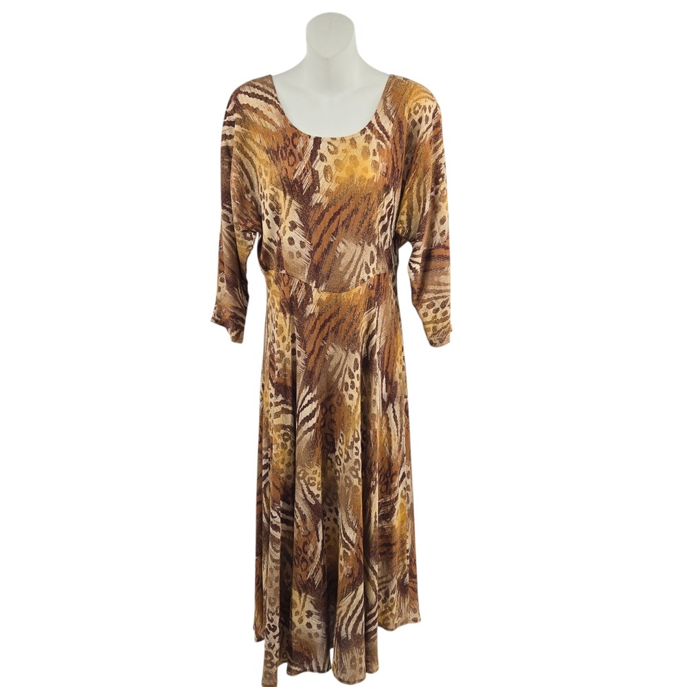 Rabbit Rabbit Designs Midi Dress Women Size M Brown Animal Print Scoop Neck